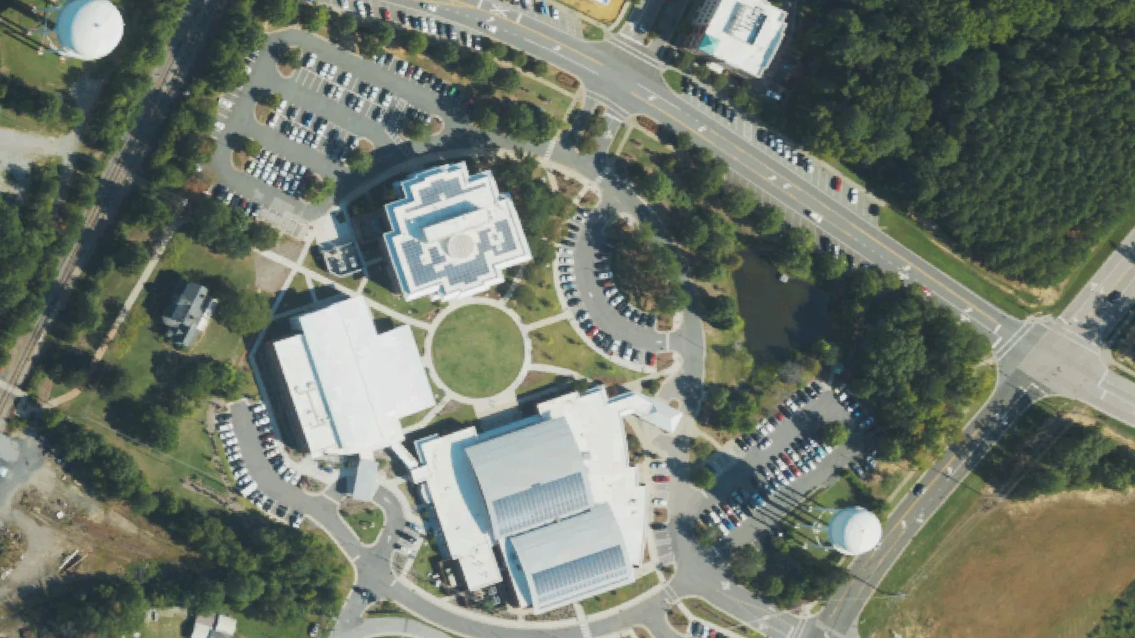 Apex's town campus on Hunter Street, home of the town government offices and the John M. Brown Community Center, seen from the air.