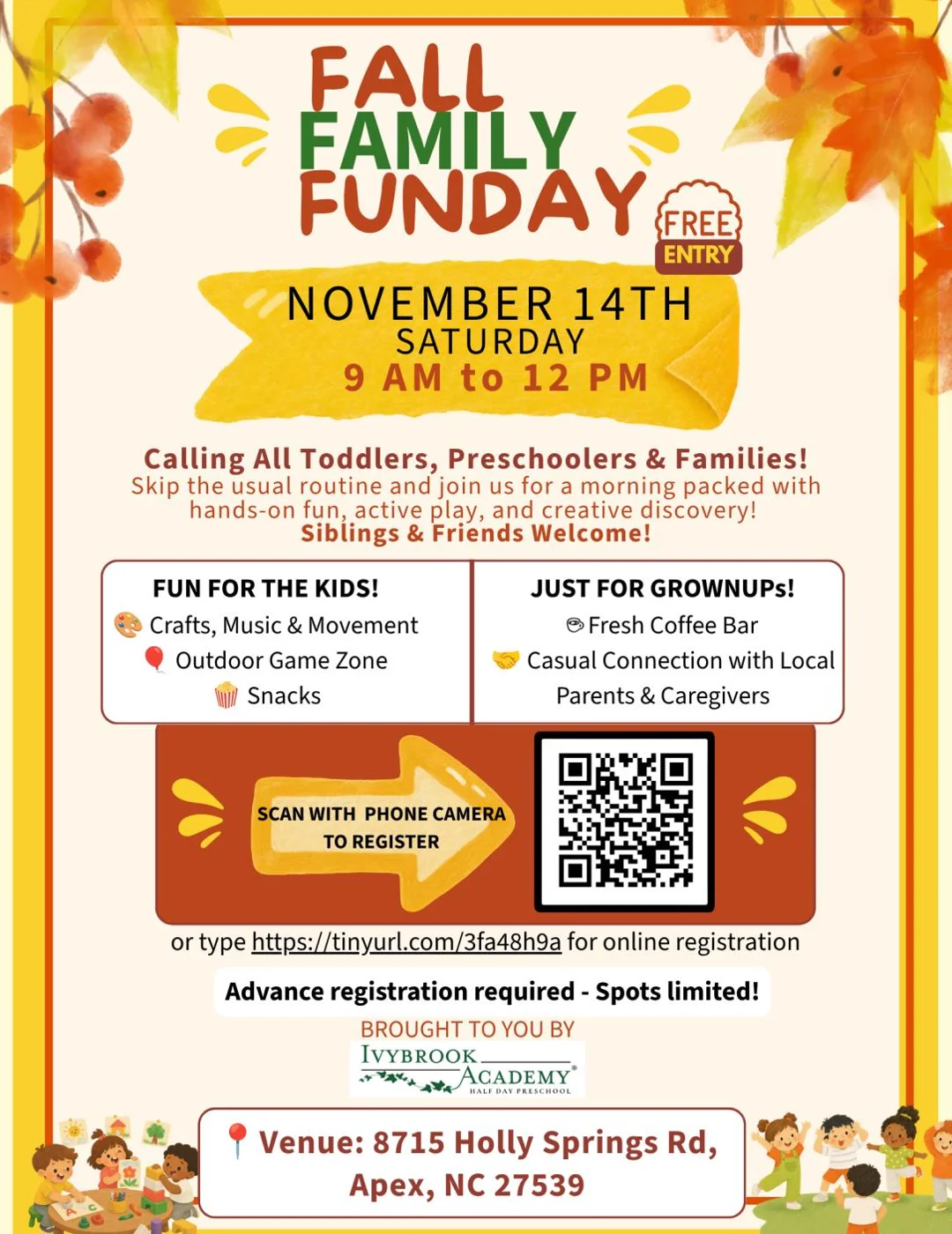 The Fall Family Funday flyer for Ivybrook Academy Apex on Holly Springs Road.