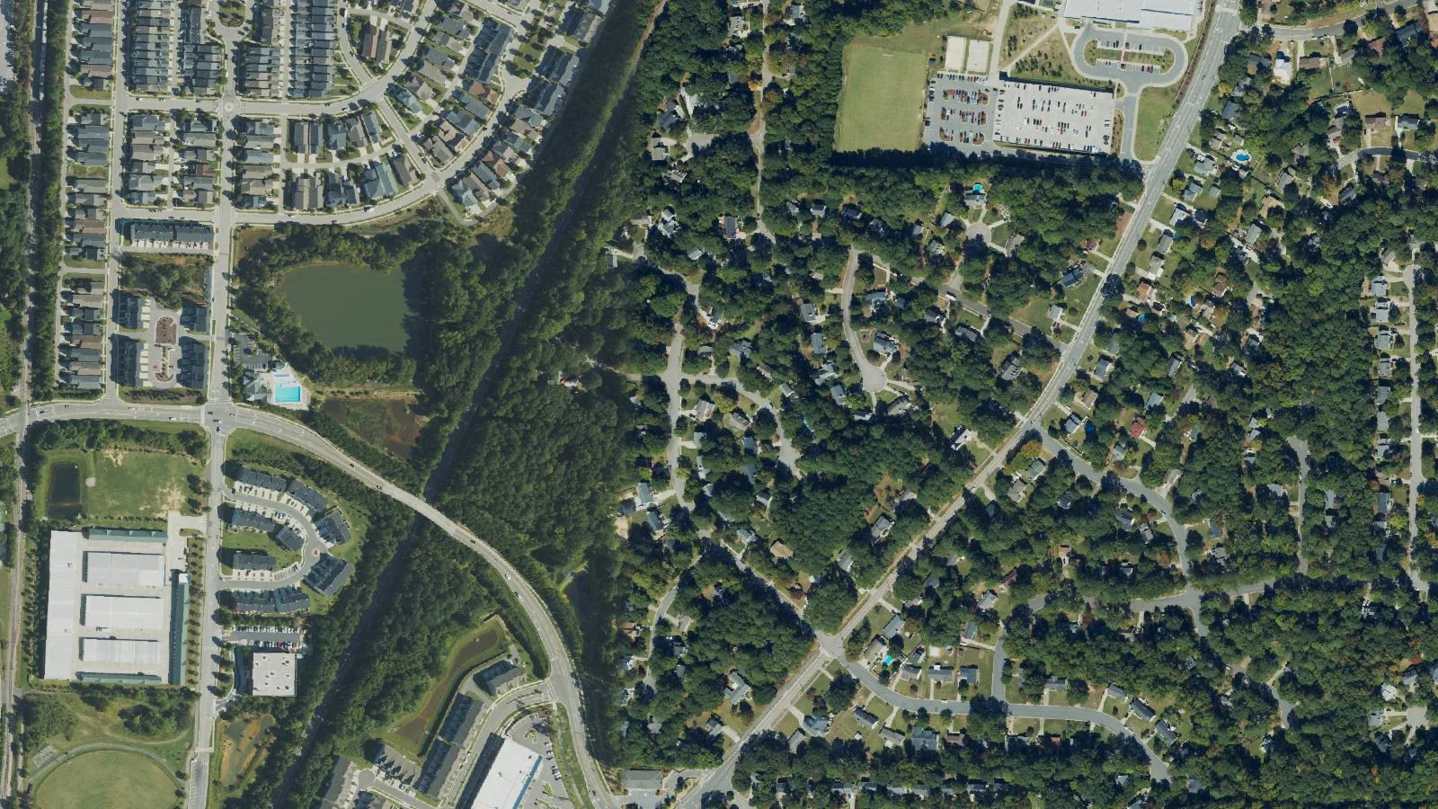 Neighborhood streets in north Apex, near Apex High School, from the air.