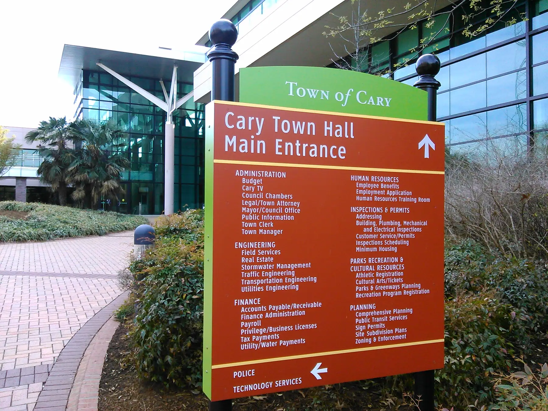 The directory sign at the main entrance to the Town of Cary's municipal offices