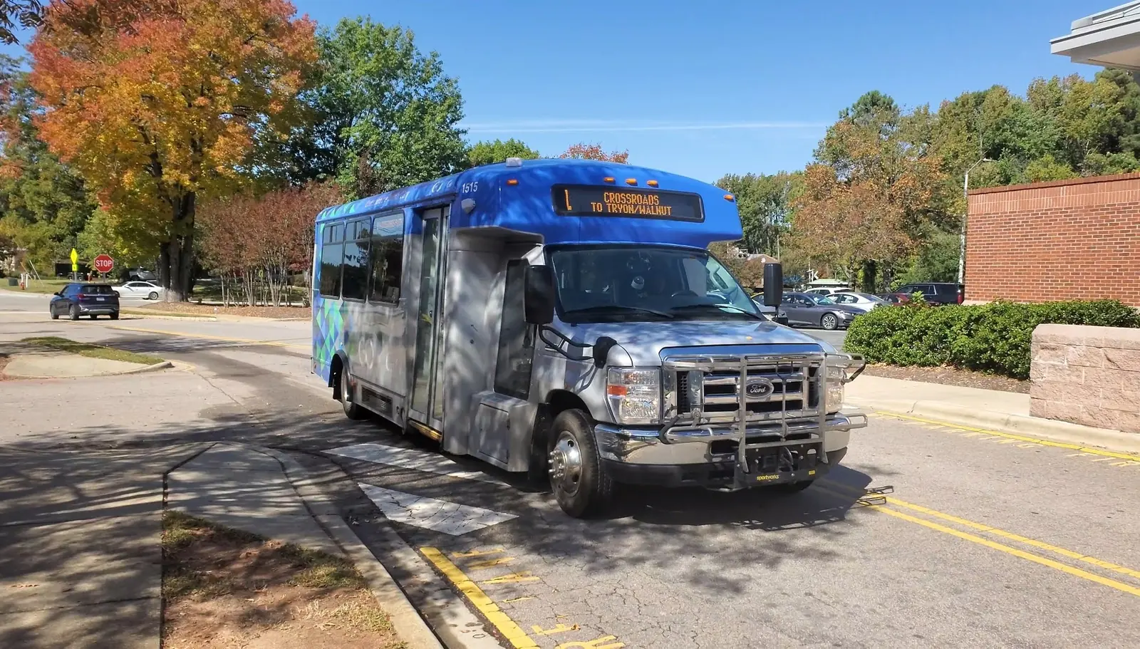 A GoCary bus near Cary Station. GoCary operates the town's free GoApex Route 1 under a partnership with Apex.