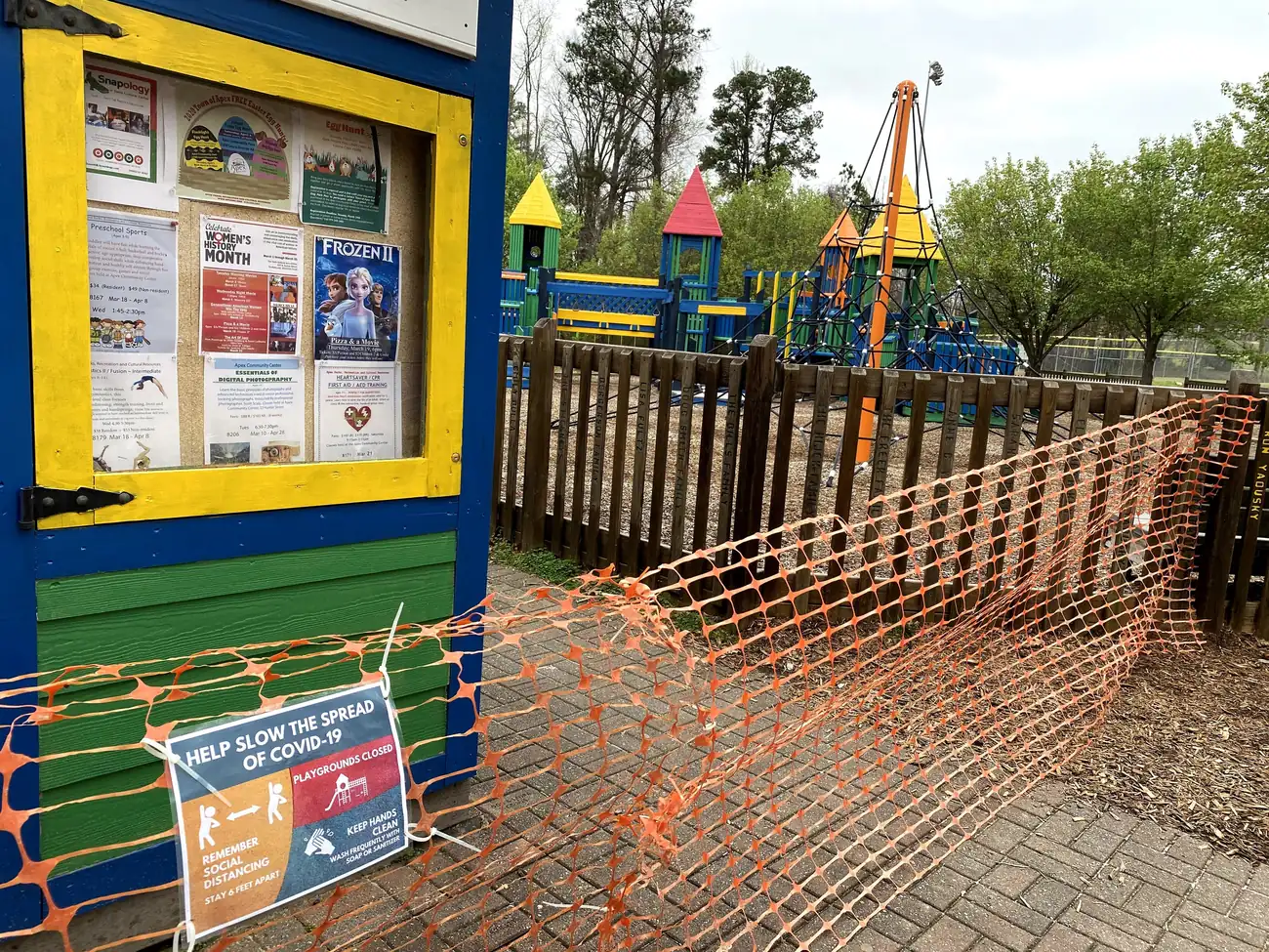 The playground at Kelly Road Park, at the Beaver Creek Greenway trailhead, fenced off during the Covid-19 closures of March 2020