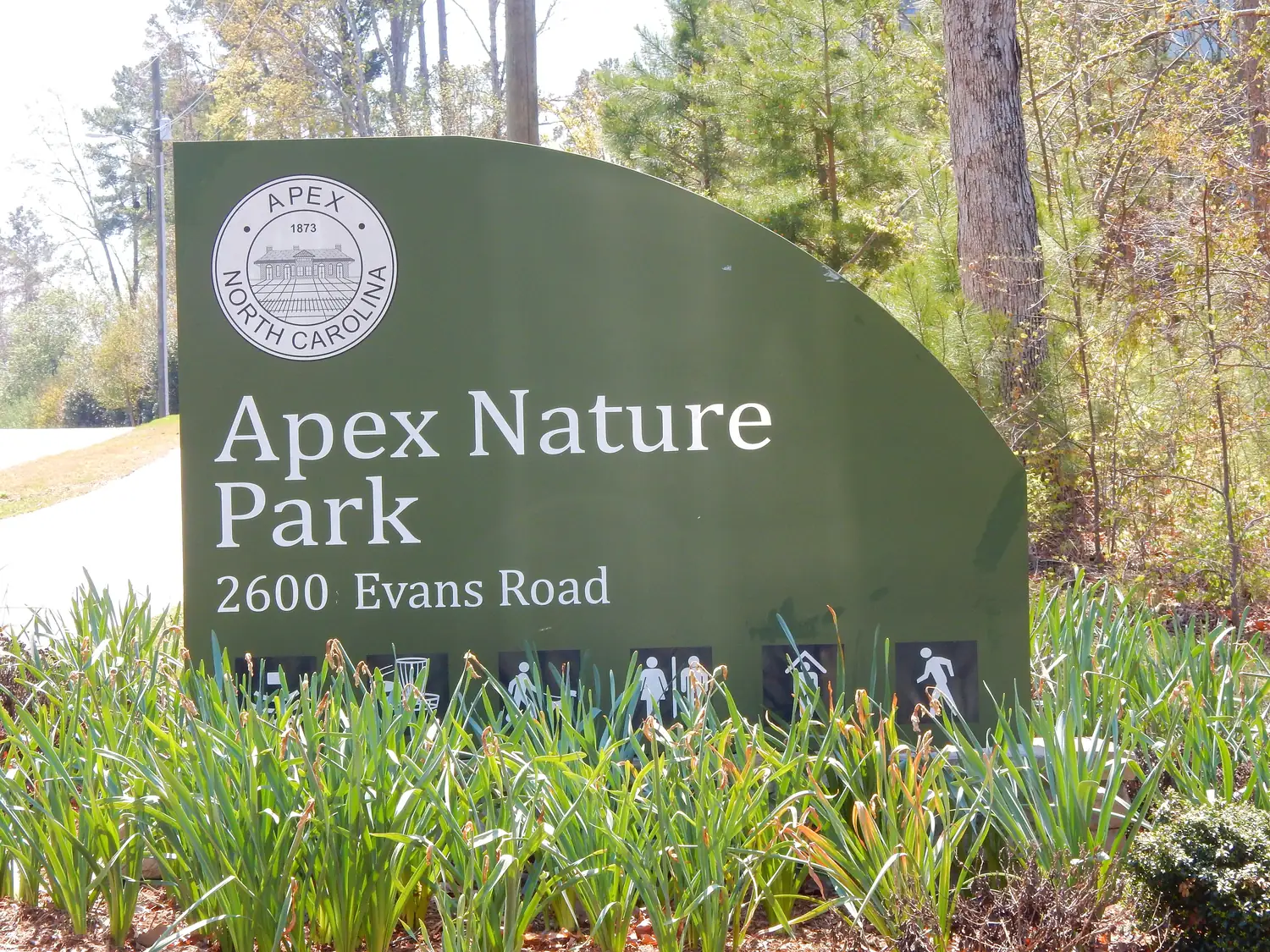 The entrance sign at Apex Nature Park on Evans Road, just north of the Friendship area