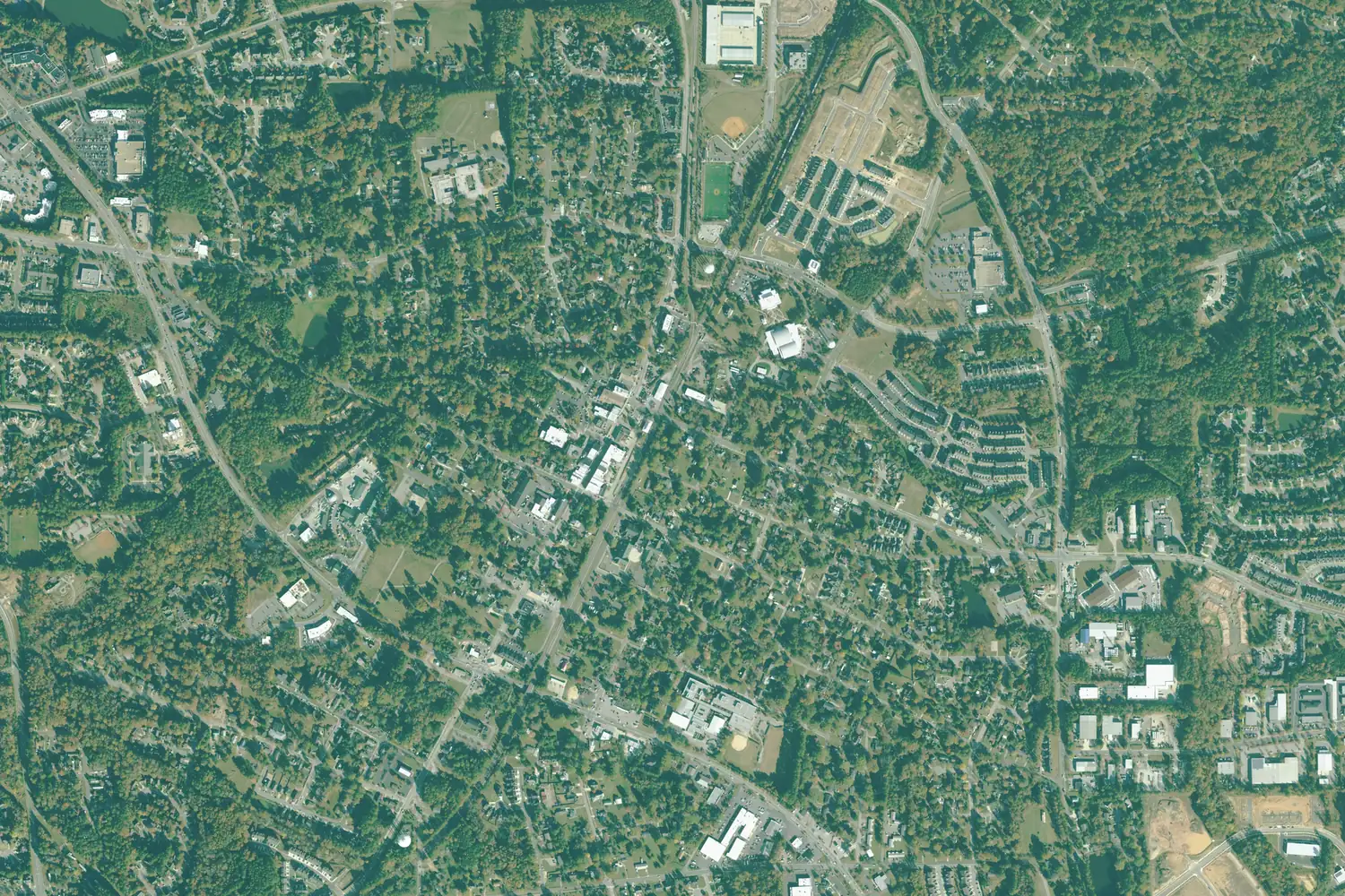 Aerial view of downtown Apex and the streets around it in November 2018