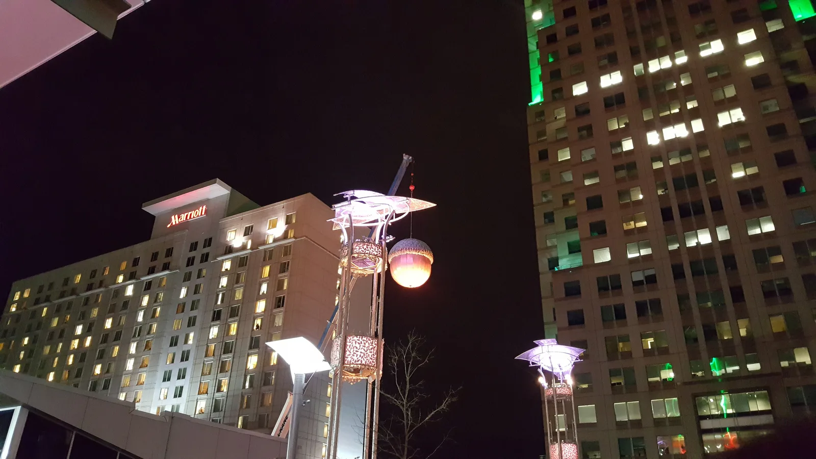 Downtown Raleigh at night during First Night, the city's New Year's Eve celebration.