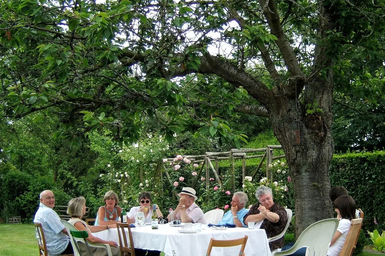 Friends share lunch at a table set outdoors under a tree in a garden. The photo was not taken in Apex.