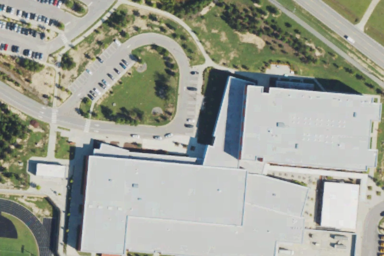 Apex Friendship High School's main building on the Humie Olive Road campus in Apex, seen from the air
