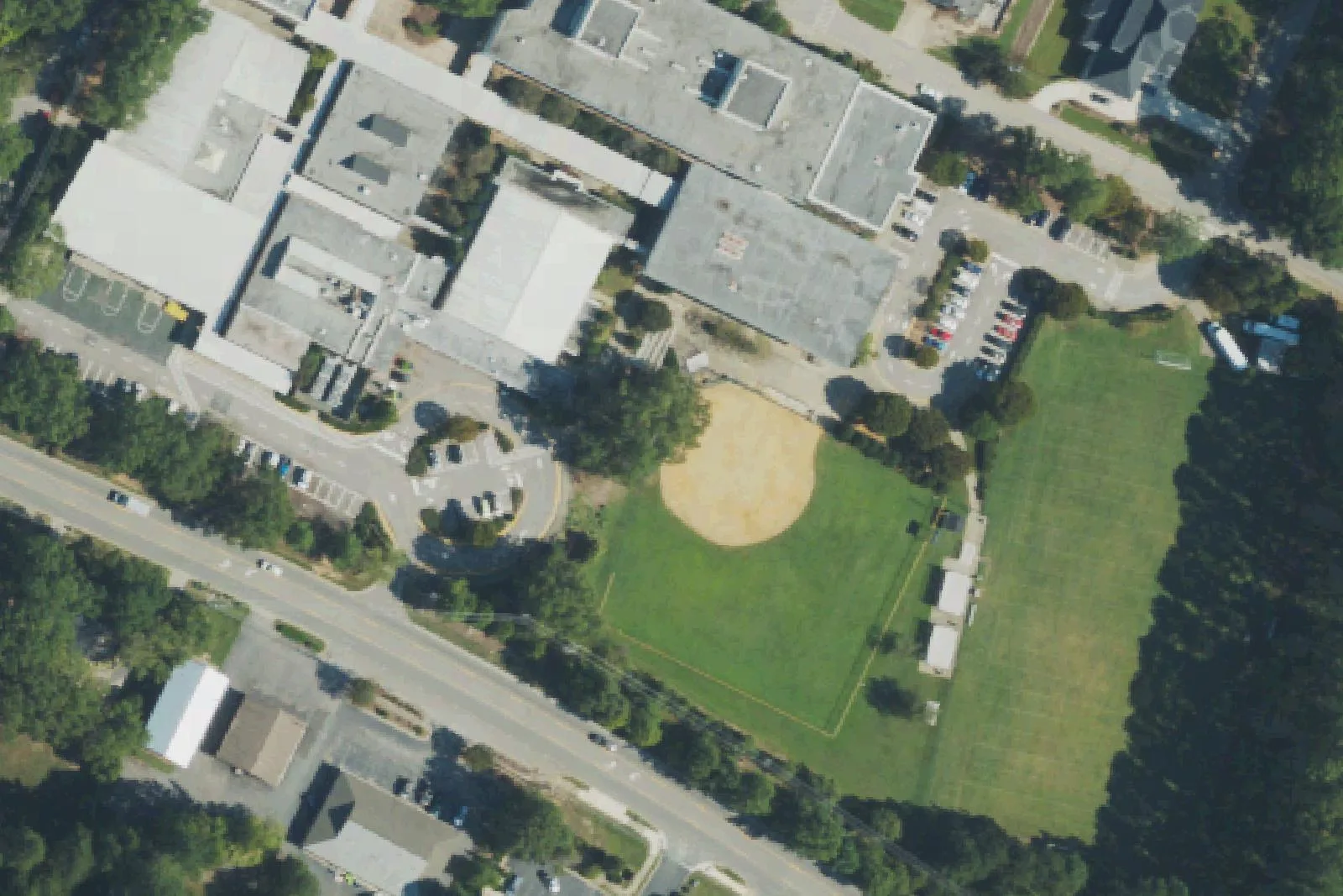 Apex Middle School's Moore Street campus and ball field in Apex, seen from the air