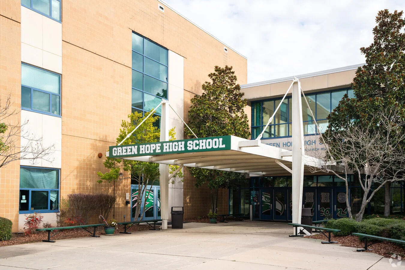The covered front entrance of Green Hope High School on Carpenter Upchurch Road in Cary