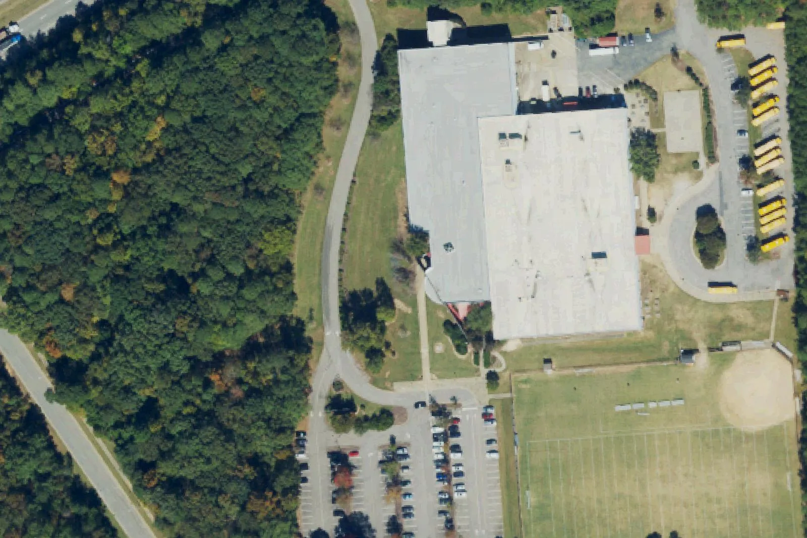 Lufkin Road Middle School, its bus lot and ball fields in Apex, seen from the air