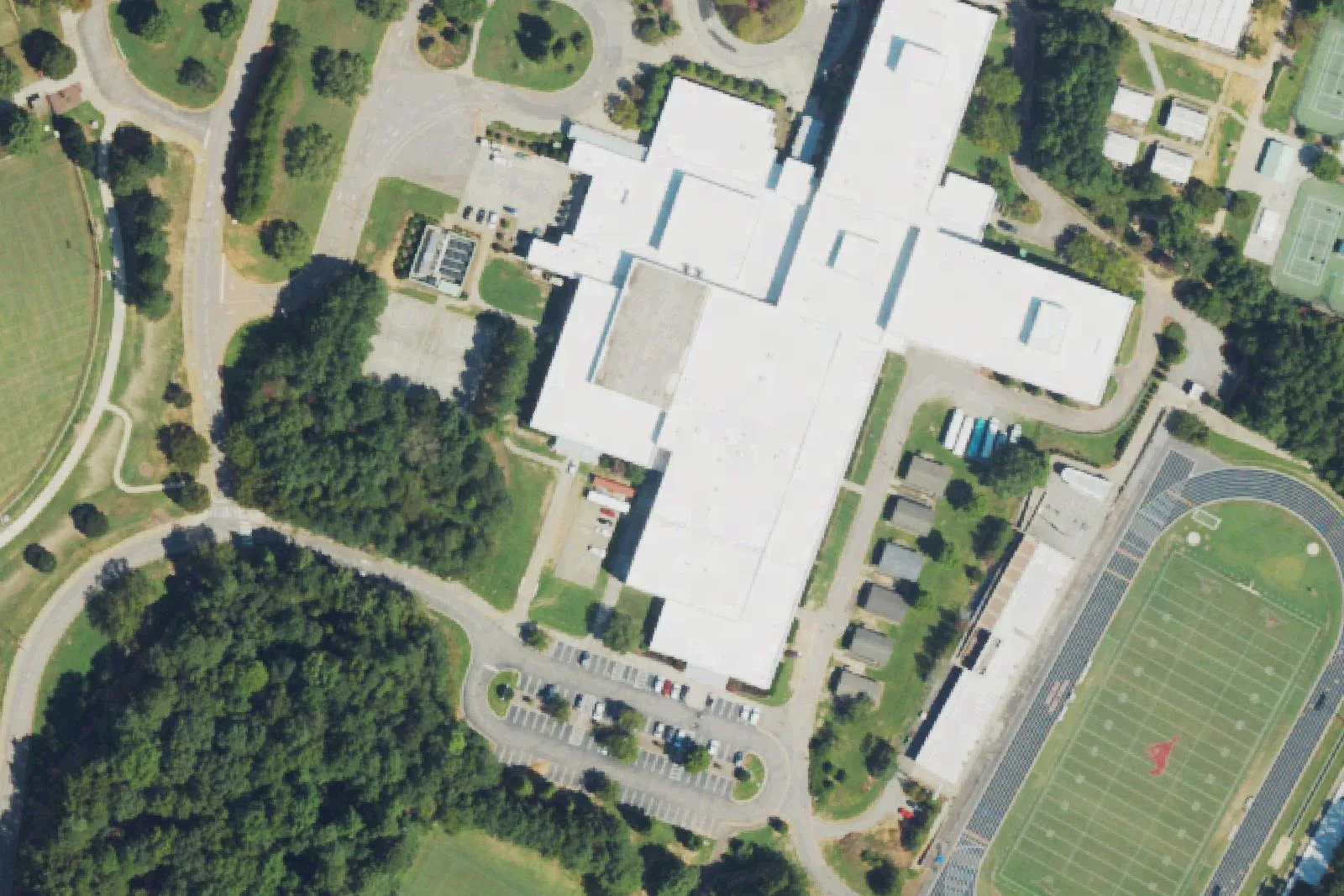 Middle Creek High School's building and stadium off Middle Creek Park Avenue, seen from the air