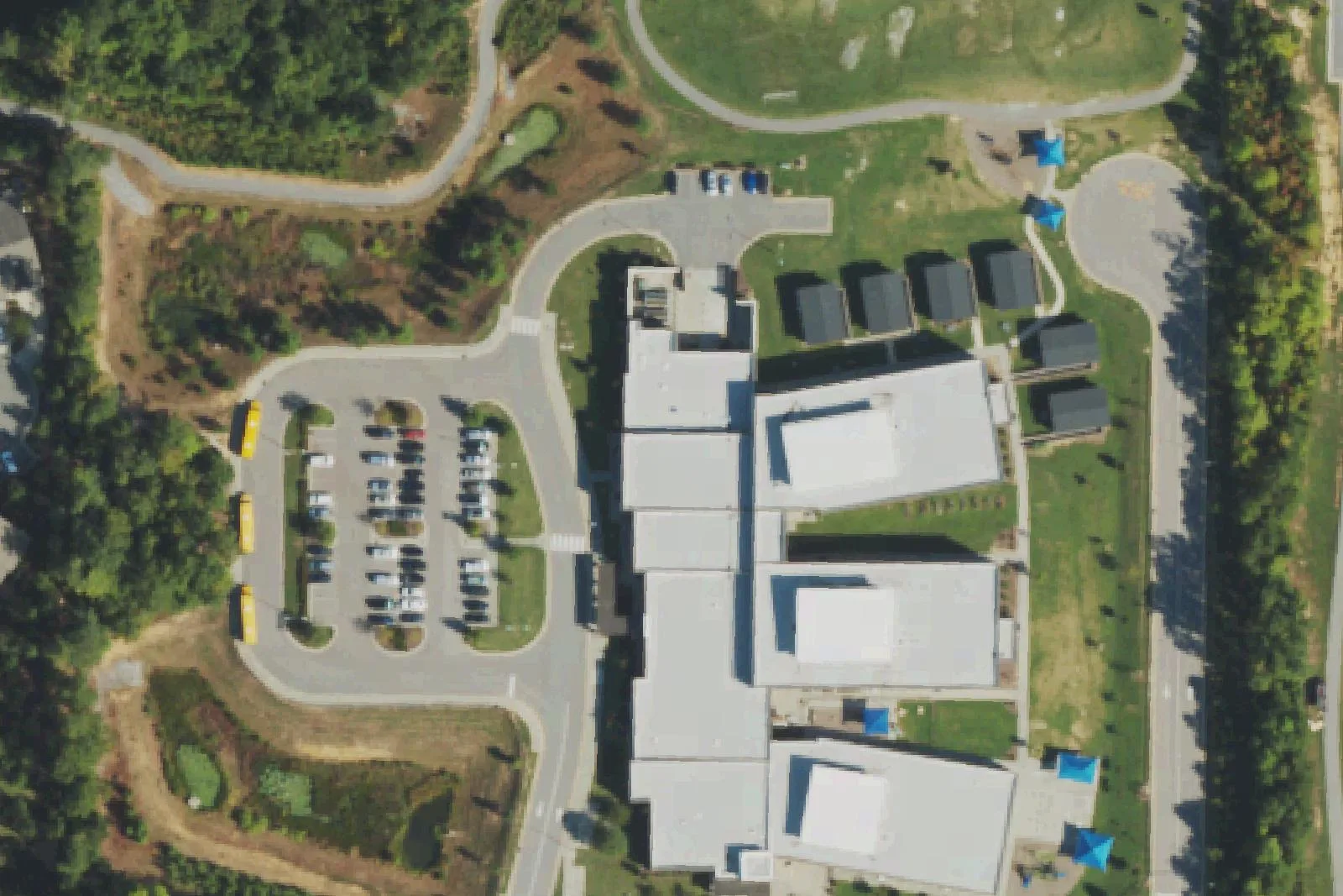 Oakview Elementary School on Holly Springs New Hill Road, seen from the air