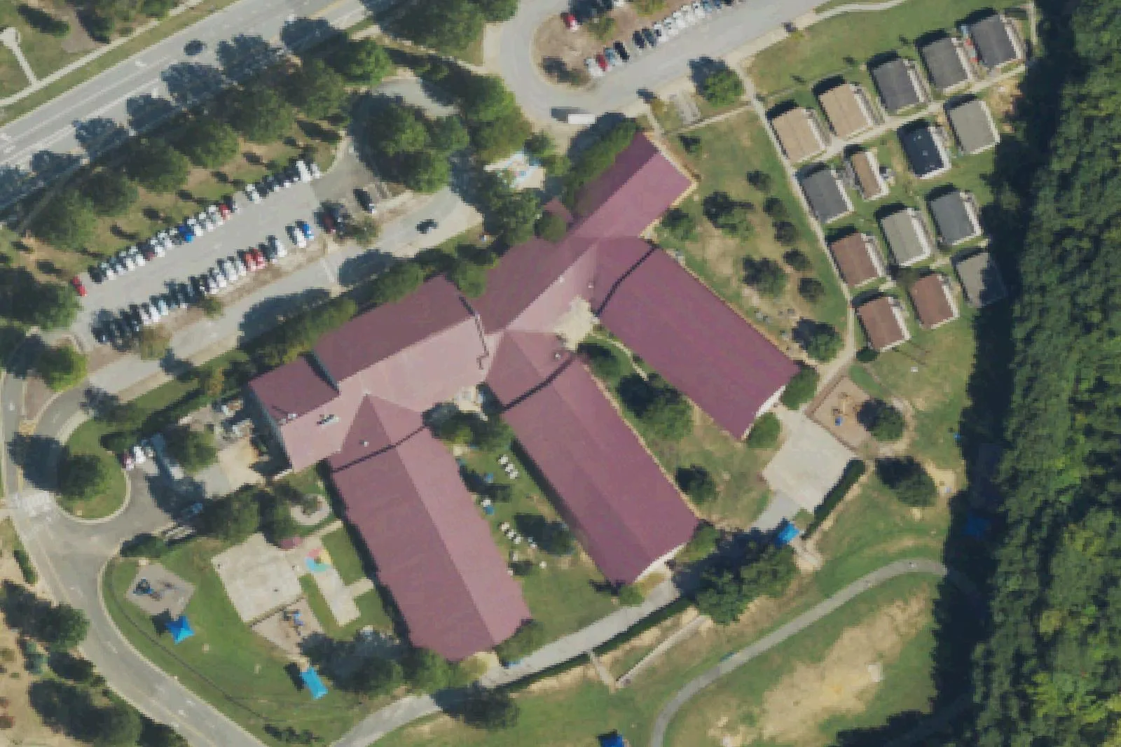 Olive Chapel Elementary School's red-roofed wings on Olive Chapel Road in Apex, seen from the air