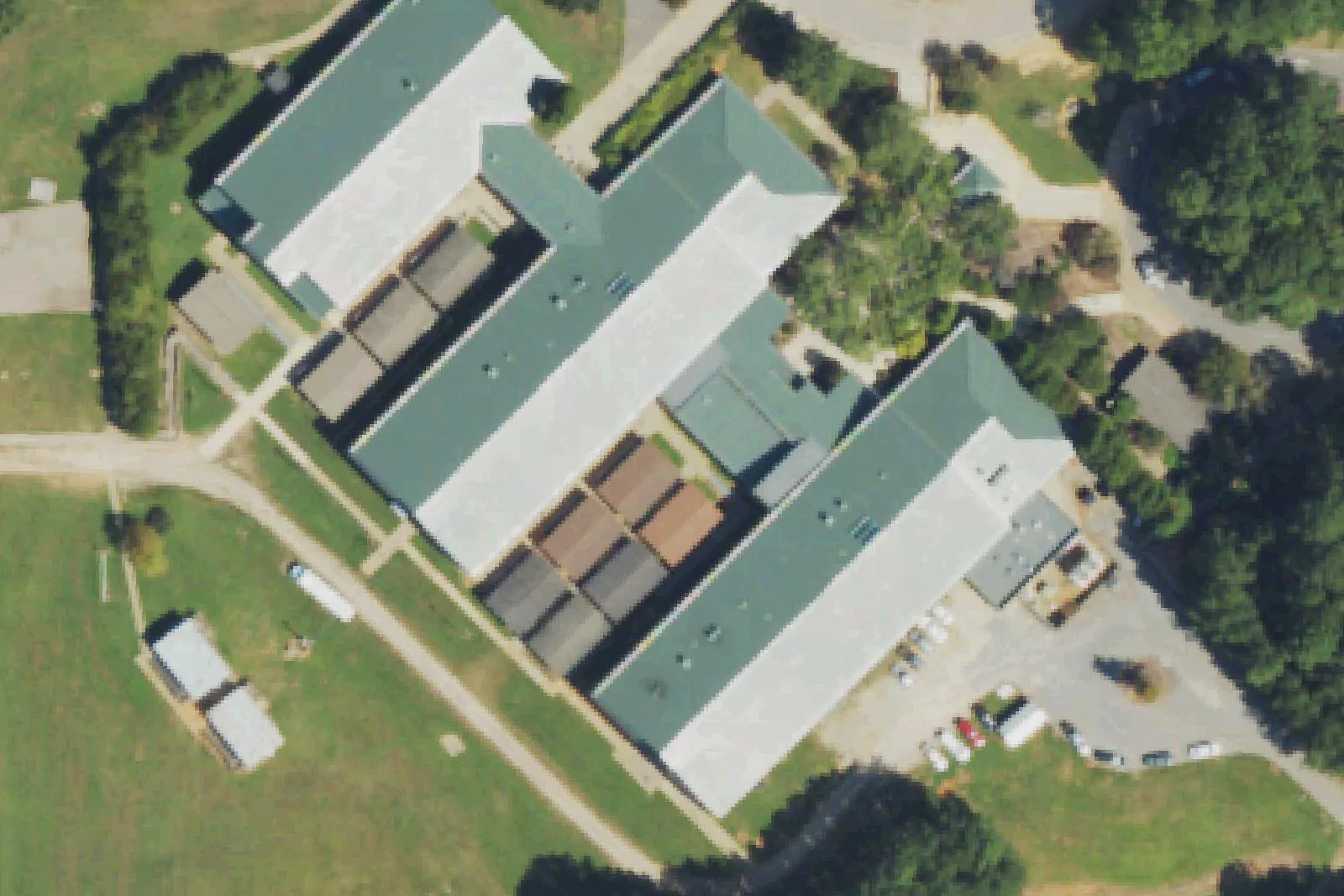 West Lake Middle School's wings and mobile classrooms off West Lake Road, seen from the air
