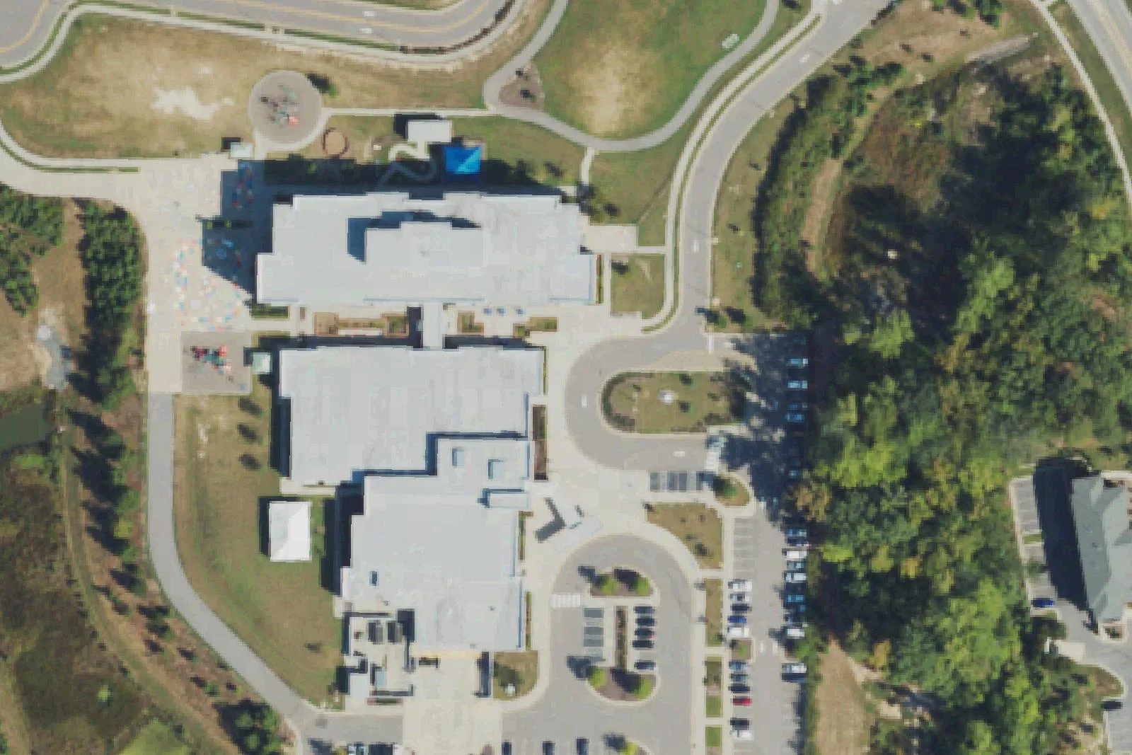 White Oak Elementary School's three-story building on White Oak Church Road, seen from the air