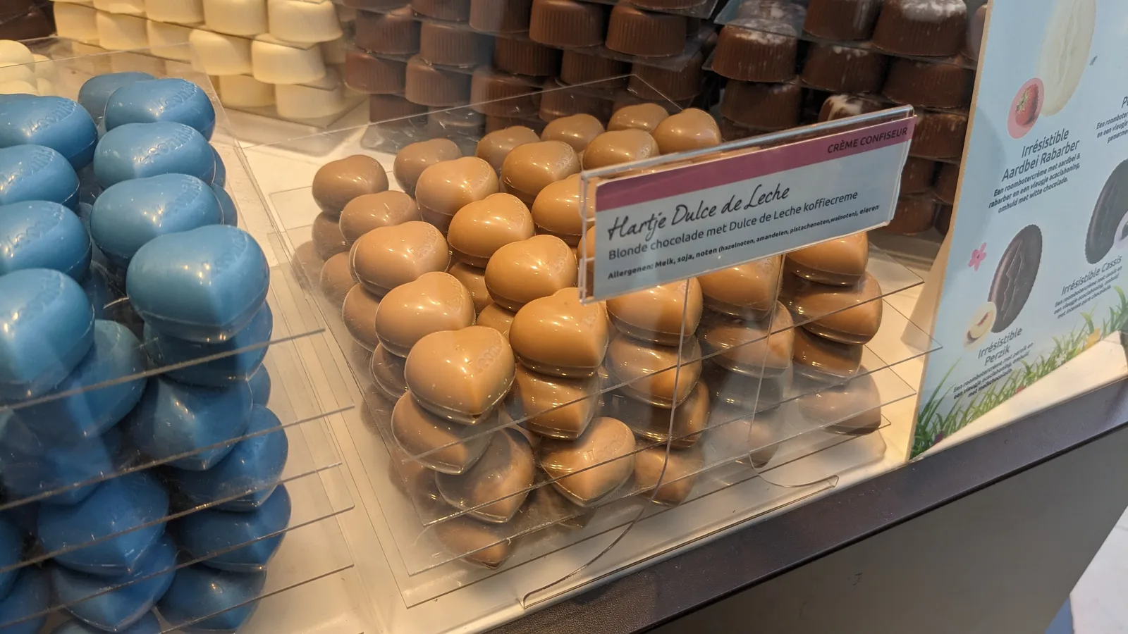 Heart-shaped chocolates in a chocolate shop display case in Utrecht, the Netherlands.