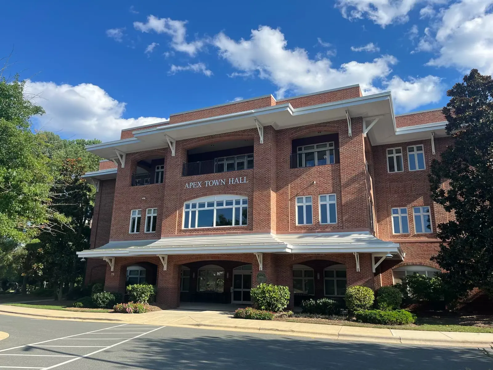 Apex Town Hall at 73 Hunter St., home of the Town Council chamber and the town's administrative offices.